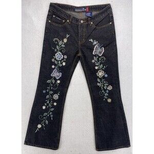 Richcow Jeans Women's Sz 13 Y2K Embroidered Butterfly Floral Flare Dark Denim
